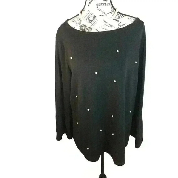 Valeria Stephen’s Womens XL Black Blouse With Pearls On Front Bell Sleeves L/S - Picture 1 of 7